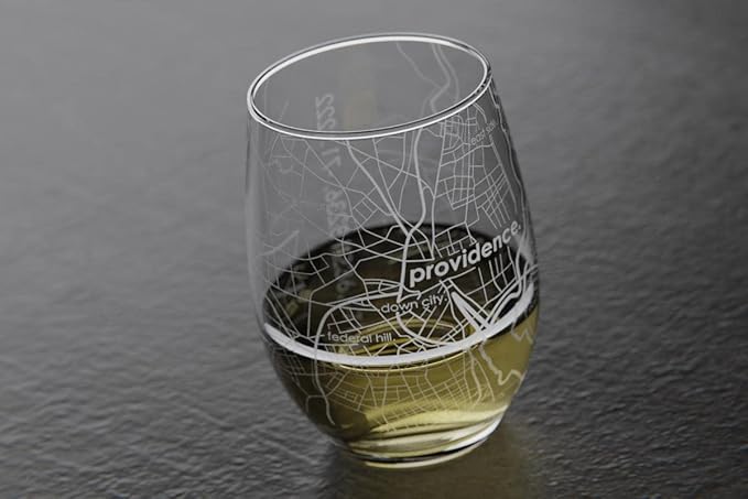 Well Told Engraved Providence Rhode Island Map Stemless Wine Glass, Etched Glass (15 oz, Clear) City Custom Gifts for Lovers