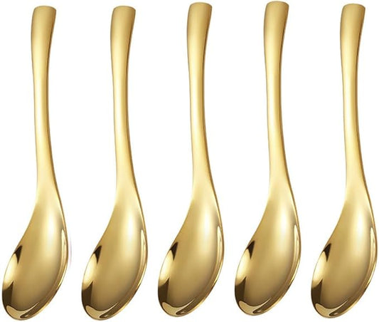 5-Piece Modern Stainless Steel Soup & Dessert Spoons, Golden