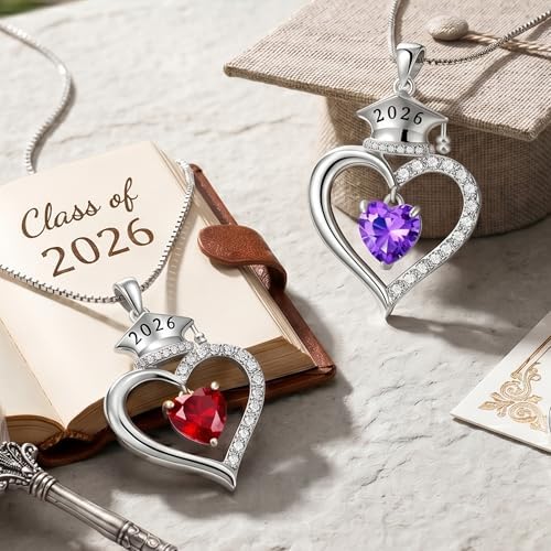 2026 Graduation Gifts for Her - S925 Sterling Silver Heart Graduation Cap Birthstone Necklaces, Class of 2026 High School College Graduation Gifts for Her - Image 6