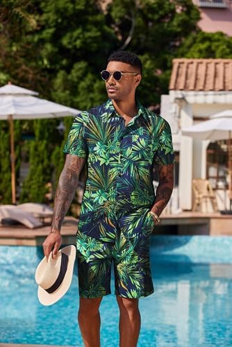 COOFANDY Men's Hawaiian 2 Piece Outfits Floral Button Down Shirt and Shorts Vacation Outfits Summer Beach Matching Set - Image 3