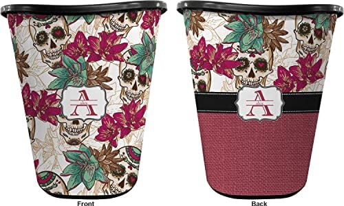Personalized Sugar Skulls & Flowers Waste Basket - Double Sided (Black) - Image 2