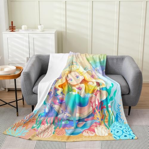 Erosebridal Mermaid Flannel Blanket Queen Inch Rainbow Fleece Blanket Bubble Underwater Coral Fuzzy Plush Throw Fish Tail Shell Seaweed Living Room Decor by Erosebridal
