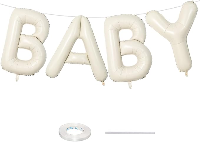 40 Inch Beige BABY Balloon for Baby Shower, Large Cream White Baby Foil Balloons Letters with Ribbon, Neutral Ivory Alphabet Baby Mylar Balloon Banner Sign for Gender Reveal Backdrop Party Decorations