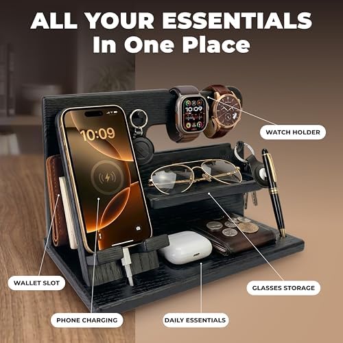 TESLYAR Wood Phone Docking Station for Men - Desk or Nightstand Organizer - Birthday Gifts for Husband, Dad - Anniversary Idea from Wife - Key Holder, Stand Wallet, Watch & Essentials (Granite Black) - Image 4