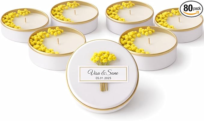 Personalized Natural Soy Wax Wedding Favor Candle Gift Set for Guest - Fall Winter Christmas Custom Dried Flower Bridal Baby Shower Gifts in Bulk (Yellow Flower, 80 Pieces)