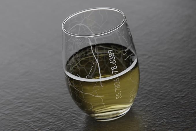 Well Told Engraved Raleigh North Carolina Map Stemless Wine Glass, Etched Glass (15 oz, Clear) City Custom Gifts for Lovers