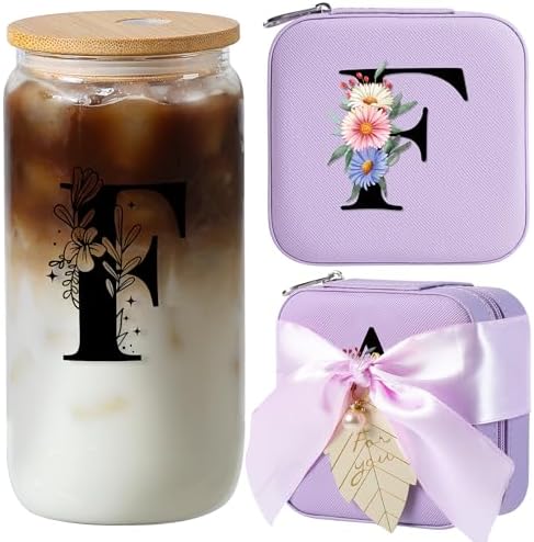 AYGXU Bridesmaid proposal gifts,Travel Initial Jewelry Box for Girls,Travel Jewelry Case,Initial Glass Cup,Cute Tumbler Cup,Small Jewelry Organizer for Teen Girls Gifts,Initial F purple by AYGXU