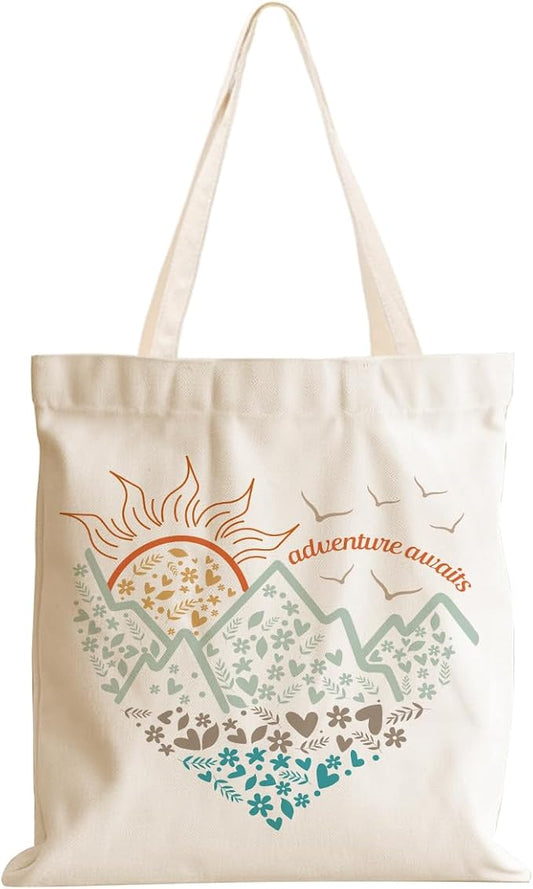 jeilink Cute Mountain Adventure Sunshine Canvas Tote Bag Camping Gifts Weekender Grocery Bags for Women Girls