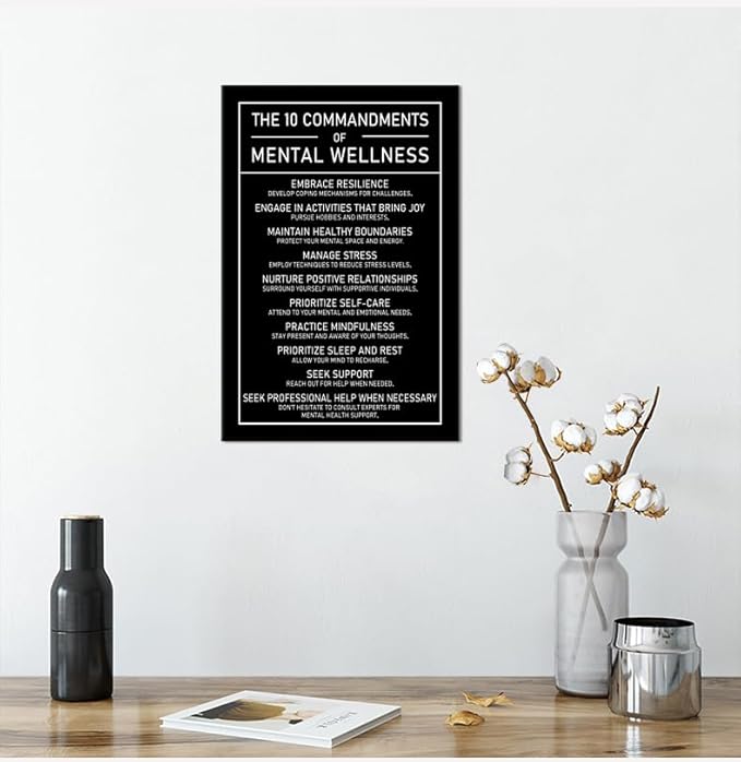 The 10 Commandments Of Mental Wellness Motivational Canvas Poster Healthy Growth Wall Art Prints Artwork for Office Living Room Modern Home Decor Painting Pictures Stretched and Framed[12''Wx 18''H]