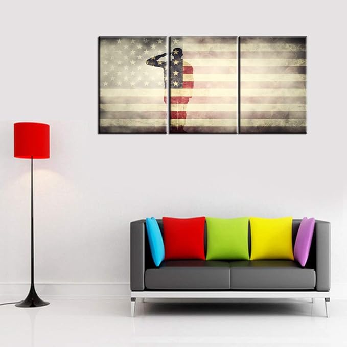 Native American Art Wall Decor USA Flag Paintings 3 Panel Wall Art Stars Stripes Artwork for Living Room Patriotic Pictures on Canvas House Decoration Framed Gallery-Wrapped Ready to Hang(42''Wx20''H)
