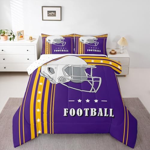 Erosebridal Football Gifts Bedding Comforter Sets for Sports Lovers Fans Presents, Football Bedding for Kids Boys Teens Purple Yellow Striped Lines Stars Comforter Full by Erosebridal