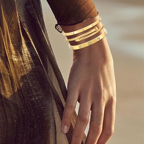 Camhanno Gold Bangle Bracelets for Women, 18K Gold Plated Stainless Steel Stackable Bangles, Non-Tarnish Trendy Jewelry, Ideal Gift for Birthday Anniversary - Image 3