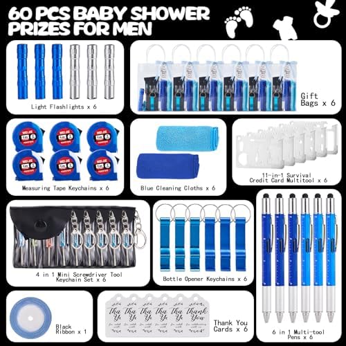 60PCS Baby Shower Prizes for Men 6 Set with Cleaning Cloth Bottle Opener Screwdriver Tape Measuring Keychain Multi Tool Pen Gift Bag Baby Shower Game Prizes for Winner Bachelor Party (Blue) - Image 3
