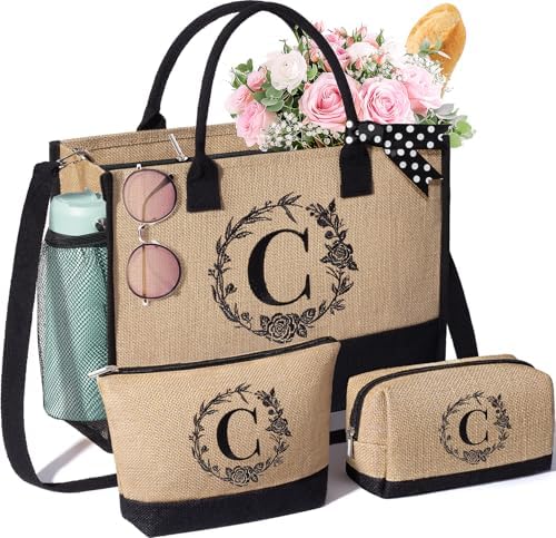 Personalized Birthday Gifts for Women, Monogrammed Initial Jute Tote Bags by MAYICIVO