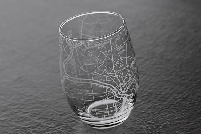 Well Told Engraved Dallas Texas Map Stemless Wine Glass, Etched Glass (15 oz, Clear) City Custom Gifts for Lovers