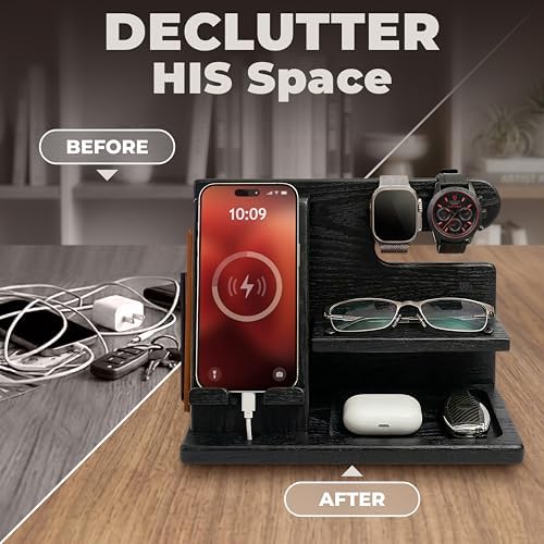 TESLYAR Wood Phone Docking Station for Men - Desktop or Nightstand Organizer - Birthday Gifts for Men, Dad - Anniversary Idea from Wife - Key Holder, Stand Wallet, Watch & Essentials (Granite Black) - Image 2