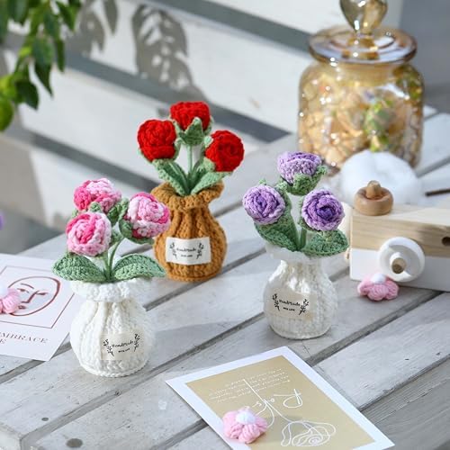 Crochet Rose Flower Potted Plant – Red, Valentines Day Gift for Her, Handmade Knitted Romantic Desk Decor - Image 3