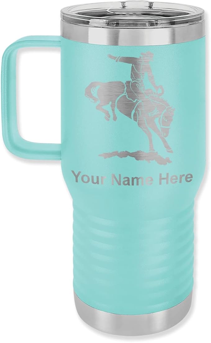 LaserGram 20oz Vacuum Insulated Travel Mug with Handle, Bronco Rider, Personalized Engraving Included (Teal)