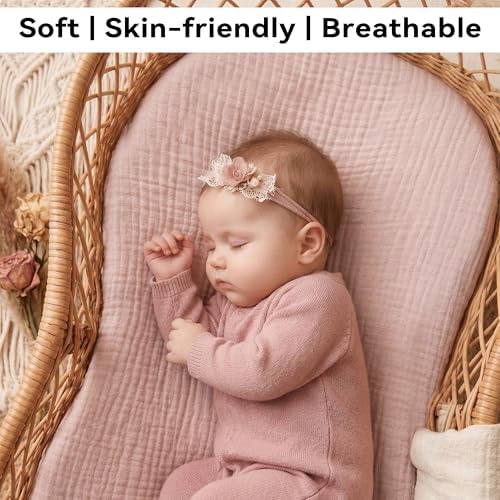 Muslin Bassinet Sheet Compatible with Halo BassiNest Swivel Sleeper - 100% Cotton Hourglass & Peanut Shape Mattress Pad Cover (30"x18"), Breathable & Soft, Boho (1 Pack Pink) - Image 5