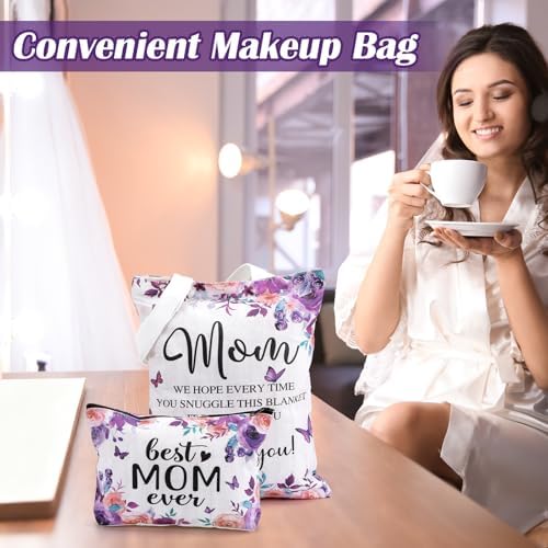 Geiserailie 5 Pcs Birthday Gift Set for Mom Include Purple Butterfly Flower Blanket 20oz Stainless Steel Tumbler with Straw and Brush Best Mom Ever Makeup Bag Keychain for Mother from Daughter Son - Image 4
