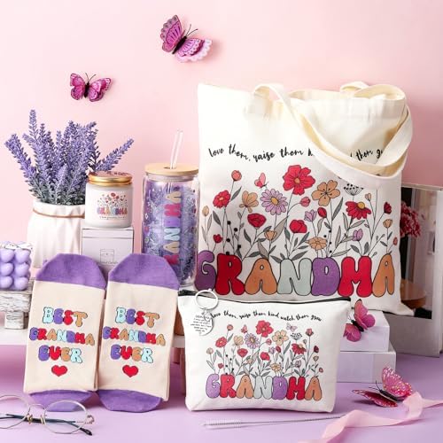 Funnymoom 6 Pcs Grandma Gifts for Women, Best Grandma Birthday Gift from Granddaughter Grandchildren Grand kids, 17 oz Glass Cup Canvas Tote Bag for Birthday - Image 2
