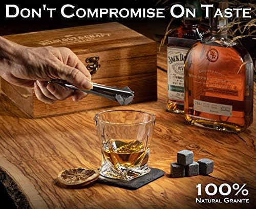 Mixology Whiskey Stones Gift Set for Men - Pack of 2, 10 oz Whiskey Glasses w/ 8 Granite Chilling Rocks, 2 Coasters, Metal Tong & Cocktail Cards in Wooden Box - Twist - Image 7