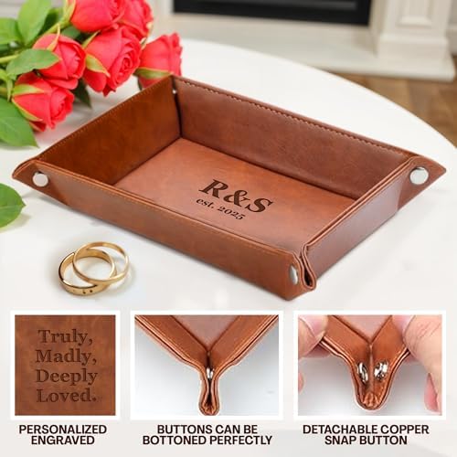 Personalized Engraved Leather Valet Tray with Custom Text, Engraved Gift for Couples – Custom Leather Catchall Organizer for Men & Women Wedding - Image 4