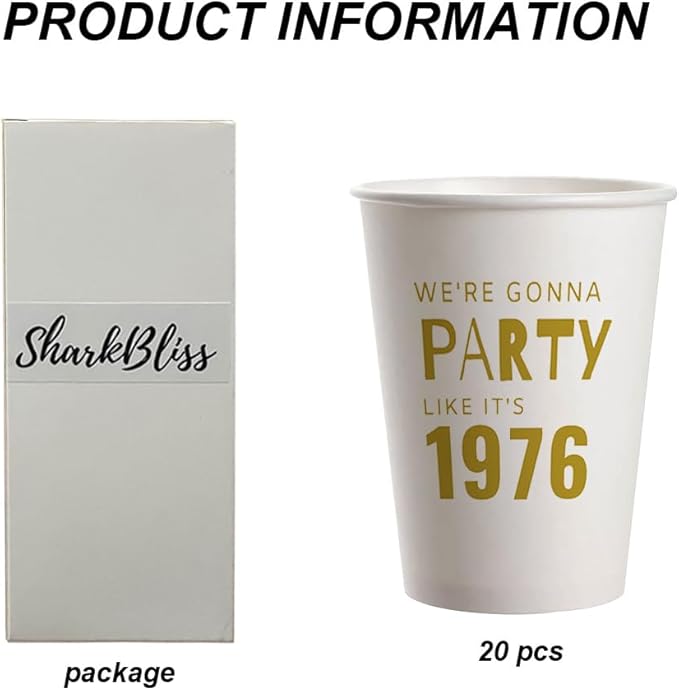 SharkBliss 1976 50th Birthday Party Cups 9oz Gold 20 Pack for Women Men – Party Like It's 1976