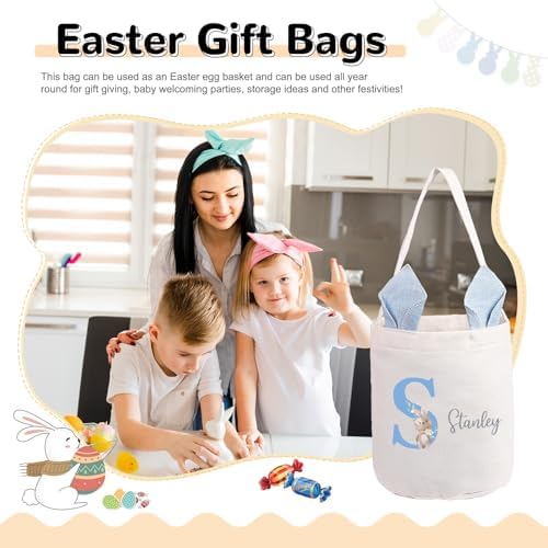 Personalized Bunny Ears Bucket Bag with Custom Name Photo-Easter Bag with Handle-Soft Egg Basket for Kids -Customized Easter Basket-Great for Carrying Gift Easter Eggs (Blue) - Image 3
