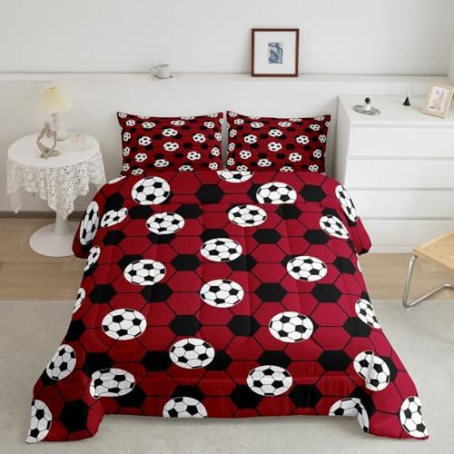 Erosebridal Football Bedding King,Soccer Ball Comforter Set Sports Theme Bed Sets Red and Black Duvet Insert 3 Pieces - Image 7