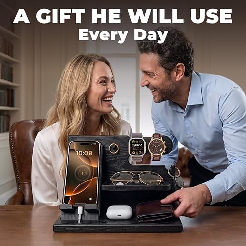 TESLYAR Wood Phone Docking Station for Men - Desk or Nightstand Organizer - Birthday Gifts for Husband, Dad - Anniversary Idea from Wife - Key Holder, Stand Wallet, Watch & Essentials (Granite Black) - Image 2