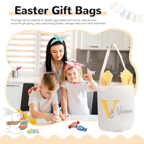 Personalized Bunny Ears Bucket Bag with Custom Name Photo-Easter Bag with Handle-Soft Egg Basket for Kids -Customized Easter Basket-Great for Carrying Gift Easter Eggs (Yellow) - Image 3