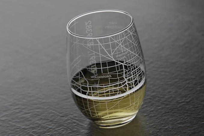 Well Told Engraved Milwaukee Wisconsin Map Stemless Wine Glass, Etched Glass (15 oz, Clear) City Custom Gifts for Lovers