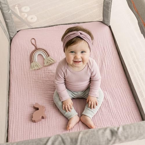 Muslin Pack and Play Sheet, 100% Cotton Playard Sheet (42"x24"), Breathable & Soft Mattress Pad Cover, Boho Pink for Girls(1 Pack) - Image 5