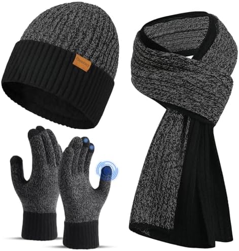 floconssy Men's Winter Hat Scarf Gloves Set of 3, Knit Thermal Combo Gifts by floconssy