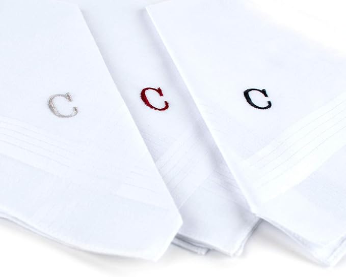 Initial Handkerchief for Men, Monogrammed Boxed 3 Piece Set,100% Cotton