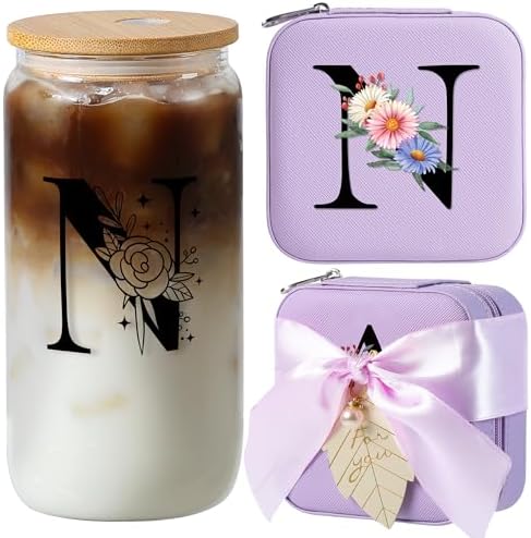 AYGXU Mothers Day Gifts for mom,Gift Sets for Women,Initial glass cups with lids and straws,Initial jewelry box for Women Teen Girls,Travel Essentials,Cute Tumbler Cup with lid,Initial purple N by AYGXU