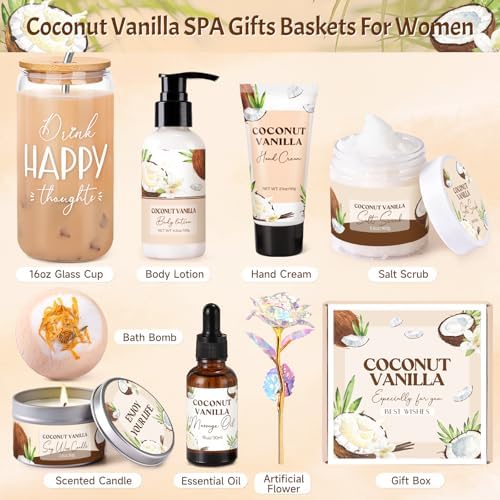 Spa Gift Baskets for Women, Vanilla Coconut Bath and Body Gifts Set for Women, Home Spa Self Care Gift, Relaxing Bath Set for Mom Wife Sister Friends Sister Girlfriend, Mother’s Day Thank You Gifts - Image 2