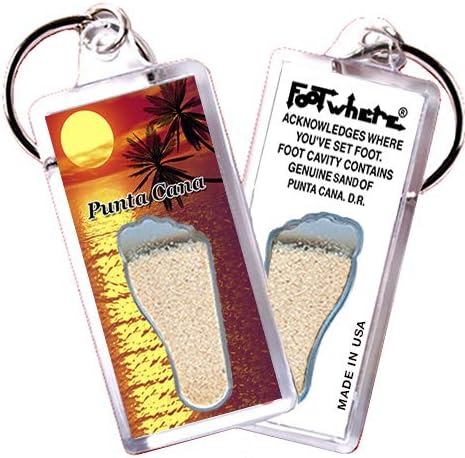 FootWhere Punta Cana Keychains. 6 Piece Set. Authentic Destination Souvenir acknowledging Where You've Set Foot. Genuine Soil of Featured Location encased Inside Foot Cavity. Made in USA