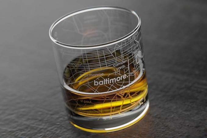 Well Told Engraved Baltimore Maryland Map Rocks Glass, Old Fashioned Whiskey Glass (11 oz, Clear) Etched Whiskey Glass, Gifts For Whiskey Lovers