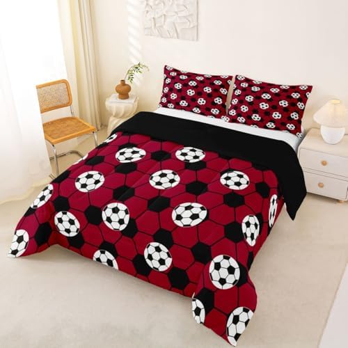 Erosebridal Football Bedding King,Soccer Ball Comforter Set Sports Theme Bed Sets Red and Black Duvet Insert 3 Pieces - Image 2
