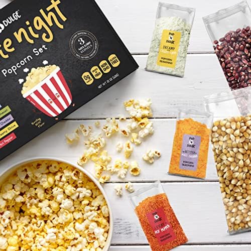 Pop n' Dulge Popcorn Movie Night Supplies 16 pcs Gift Set, 5 Gourmet Popcorn Kernels, 5 Seasoning Variety Packs Non-GMO Kosher Snacks, Great Housewarming Family Date Night Gifts Basket Ideas For Him Her - Image 5