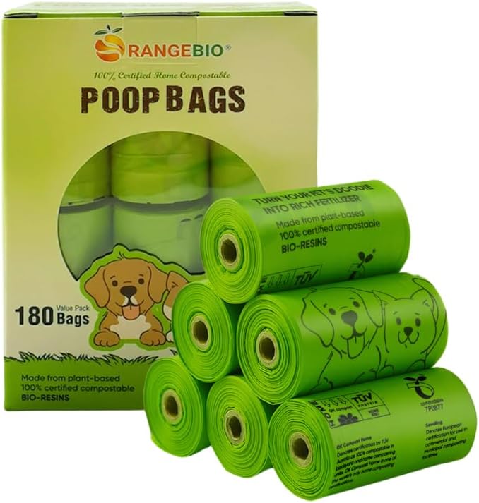 OrangeBio Dog Poop Bags, 100% Certified Home Compostable, 13 x 9 Inches - 180 Count (15 Bags per Roll, 12 Rolls), OK Compost Home