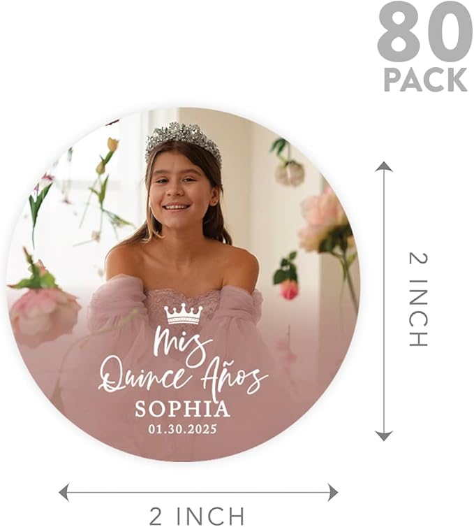Andaz Press 40-Pack Personalized 2" Round Circle Quinceañera Labels, Mis Quince Años Sticker Labels with Custom Photo for Quince Favors Invitations XV, 15th Birthday, Quinceanera Decorations
