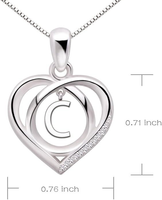 ALOV Jewelry Sterling Silver Initial Letter Alphabet Love Heart Cubic Zirconia Pendant Necklace