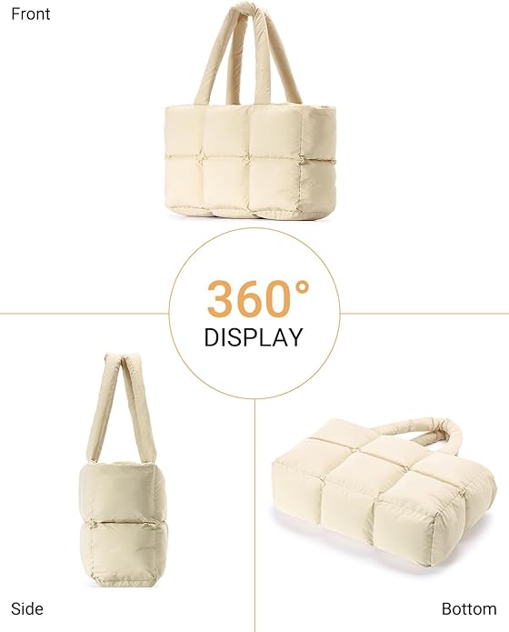 Herald Puffer Tote Bag for Women, Large Quilted Puffy Handbag Lightweight Satchel Purse with Cup Holder & Compartment