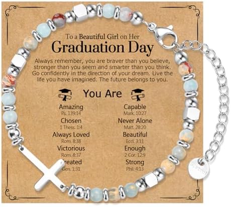 Graduation Gifts for Her- Class of 2026 Primary Middle High School College Grad Gift, Adjustable Stainless Steel Beaded Cross Bracelet for Girls & Women by WIKHIA
