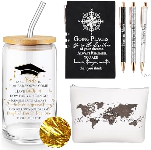 Domensi 6 Pcs Class of 2026 Graduation Gift for Her 16oz Glass Cup Makeup Bag Compass Journal Ballpoint Pens Inspirational Graduation Gift Set for College High School Daughter Sister Friend(Black) by Domensi