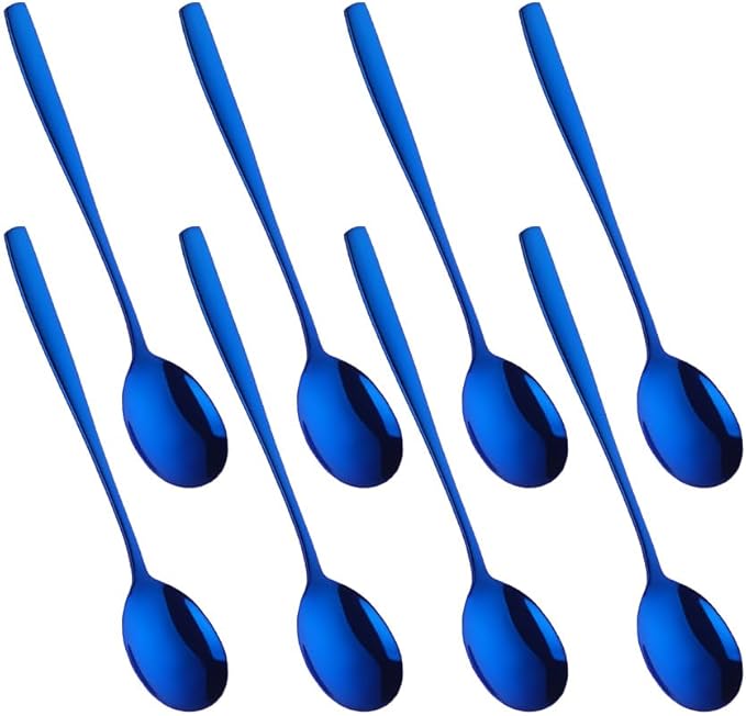 Metal Round Spoons, 8 inch Stainless Steel Reusable Long Handle Korean Soup Spoons, Table Dinner Desert Spoon Set of 8 (Blue)