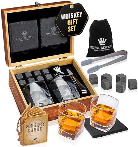 Whiskey Stones Gift Set for Men & Dad, Bourbon Glasses & Chilling Rocks by RoyalReserve